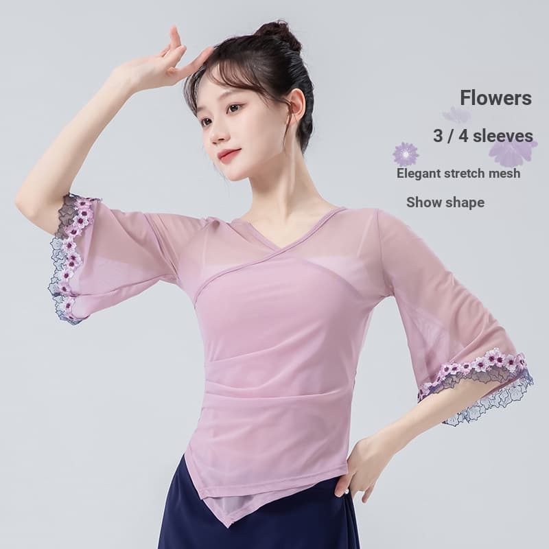 Antigo traje de dança clássica feminino corpo rima manga três quartos gaze prática traje fada elegante traje topo [E812]