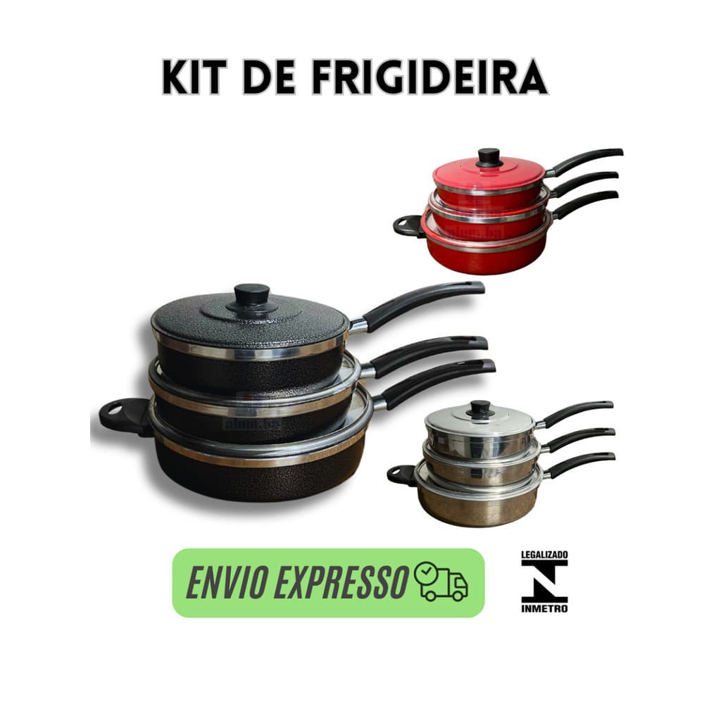 kit frigideira com tampa alumínio, preta e vermelha funda grande pequena e media 24cm,20cm,22cm