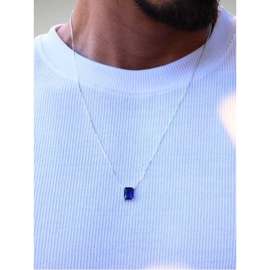 Colar Masculino de Prata 925 Pingente Cristal Azul - Corrente Veneziana 50cm 60cm