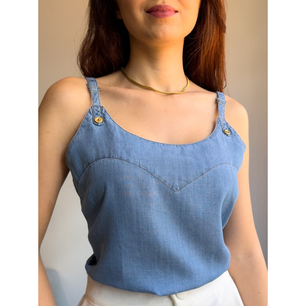 Regata feminina jeans de alcinha com botão