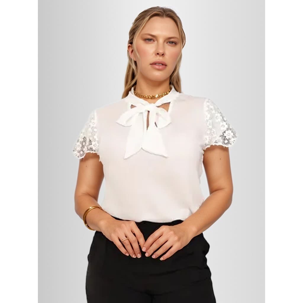 Blusa Laço Evangélica Gola Renda Social Chique Feminina Social Camisa Bordada Pedraria Colchwork