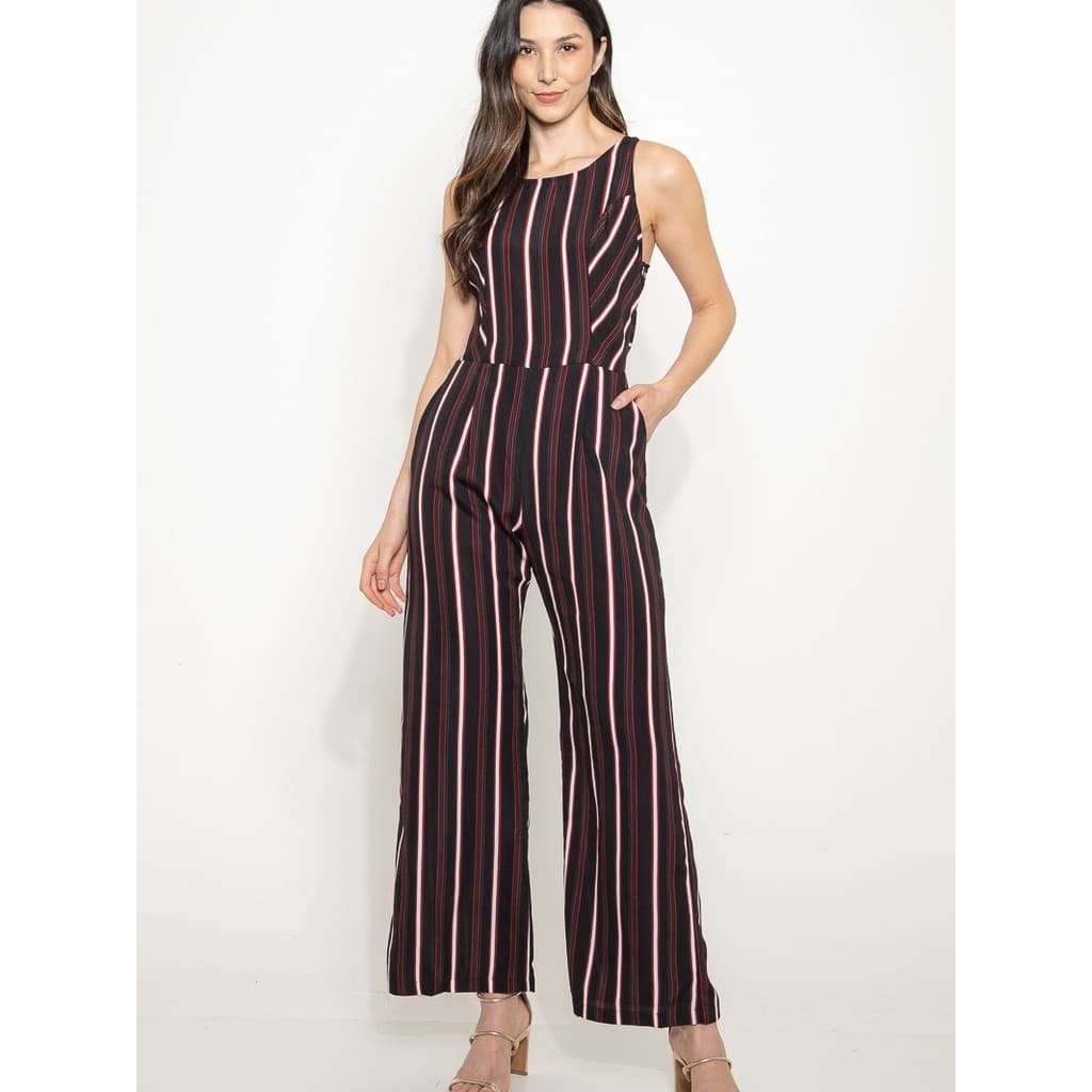 Macacão Longo feminino Com Pantalona Social Sem manga Listrada com bolsos Linho tem elastico na costa preto e azul