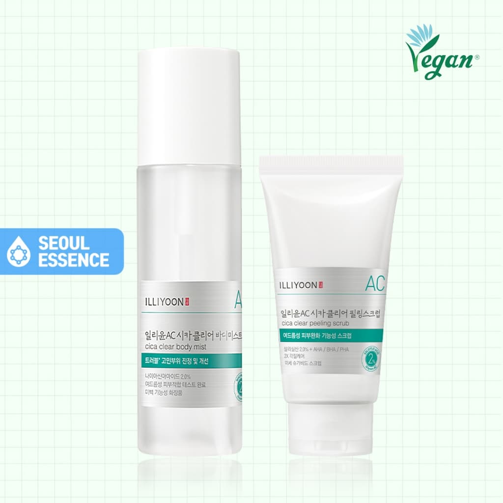 ILLIYOON Cica Clear Peeling Scrub 200g/Body Mist 200ml-Melhora Problemas Corporais Em Apenas 7 Dias