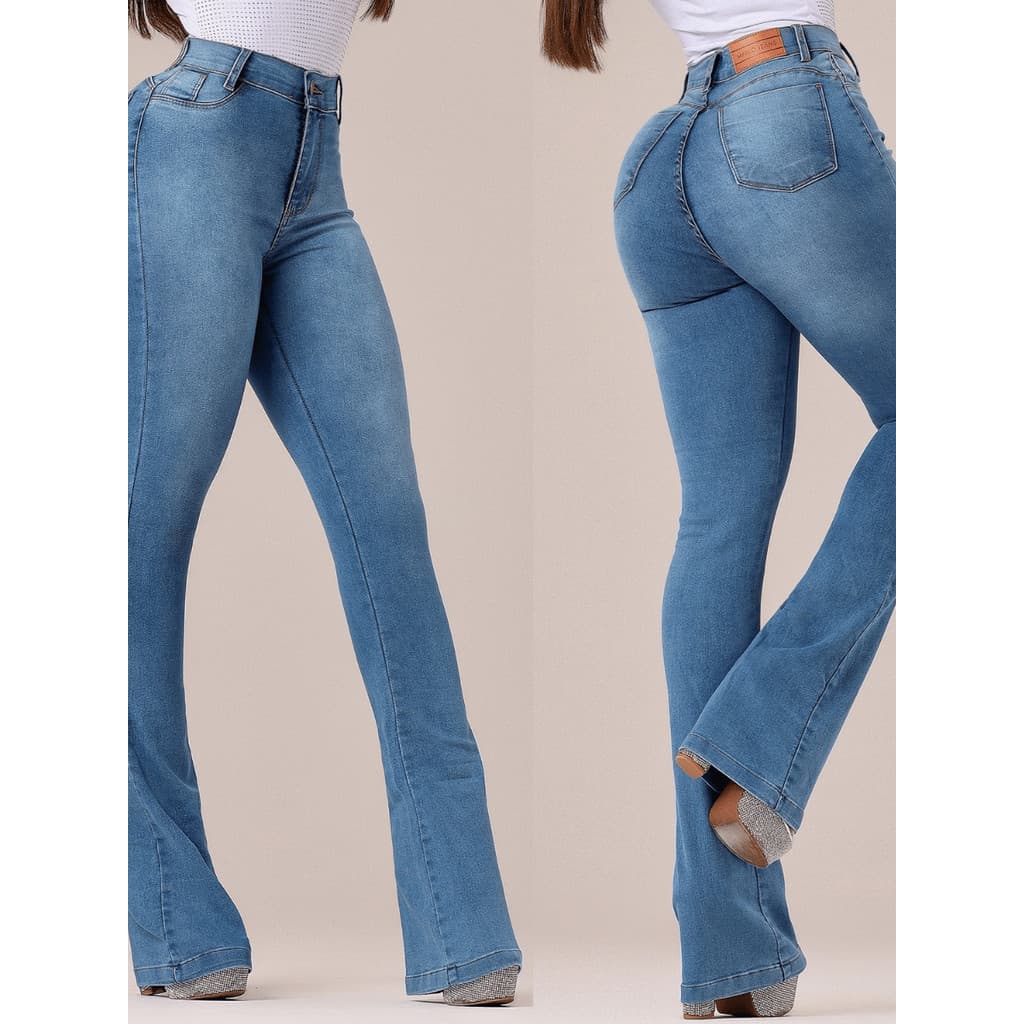 Calça Jeans Feminina Flare Cos Alto Levanta Bumbum Cintura Alta Com Elastano Flaer Pecuaria Couwtry