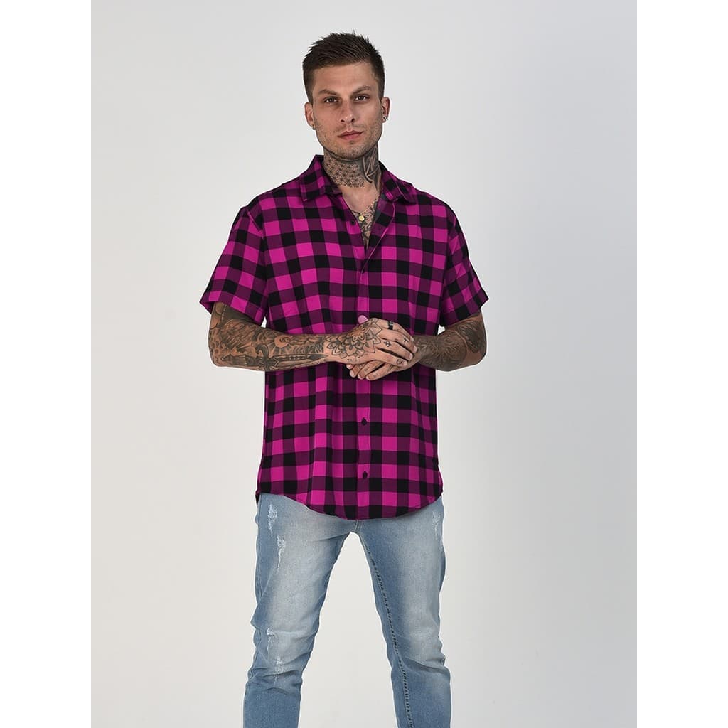 Camisa Xadrez Masculina Manga Curta Slim Flanela Botoes Top