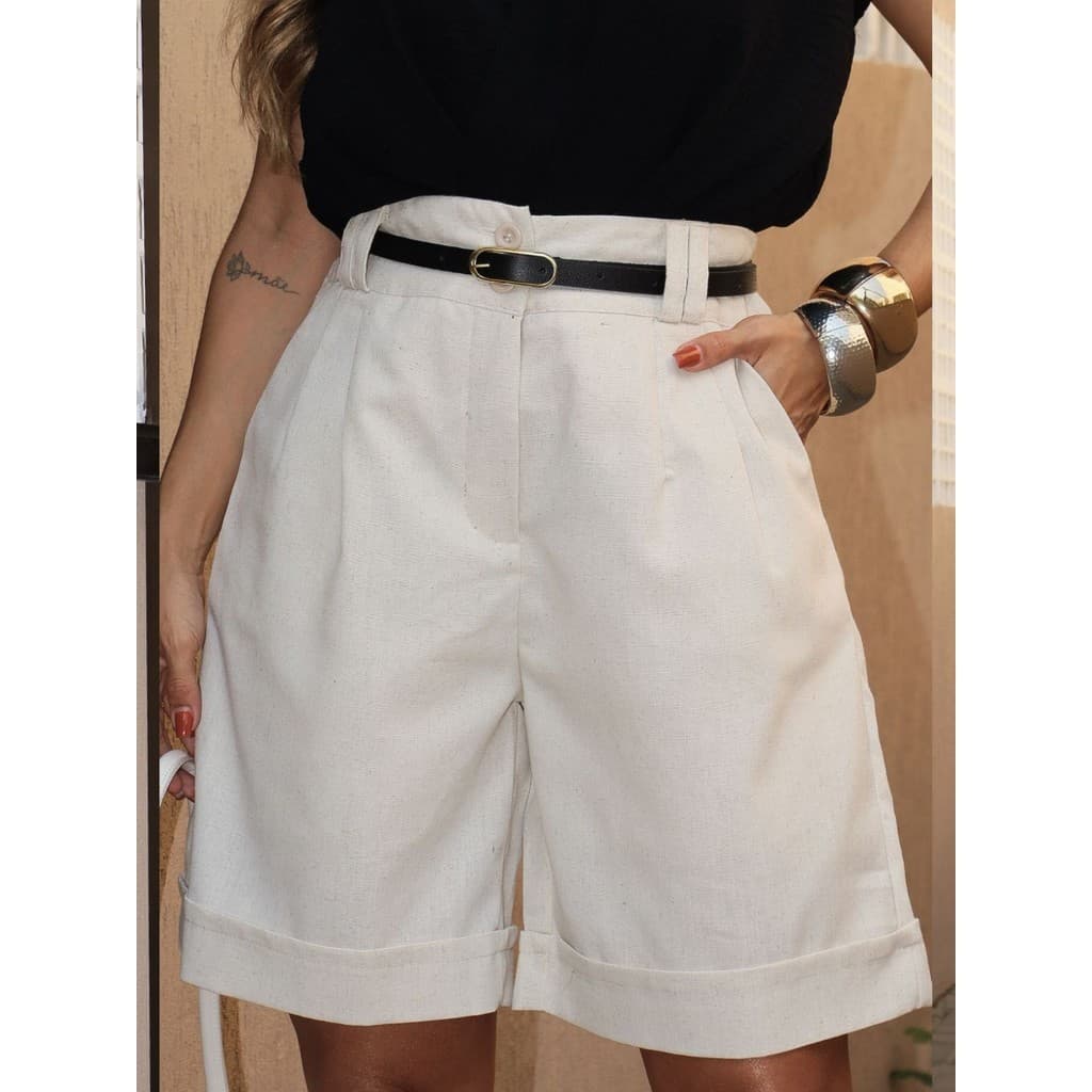 LuluRunModa Short Bermuda de Linho com Barra Italiana Bolso Com Dois Botões e Zíper com Cinto/Possui Forro -  9379