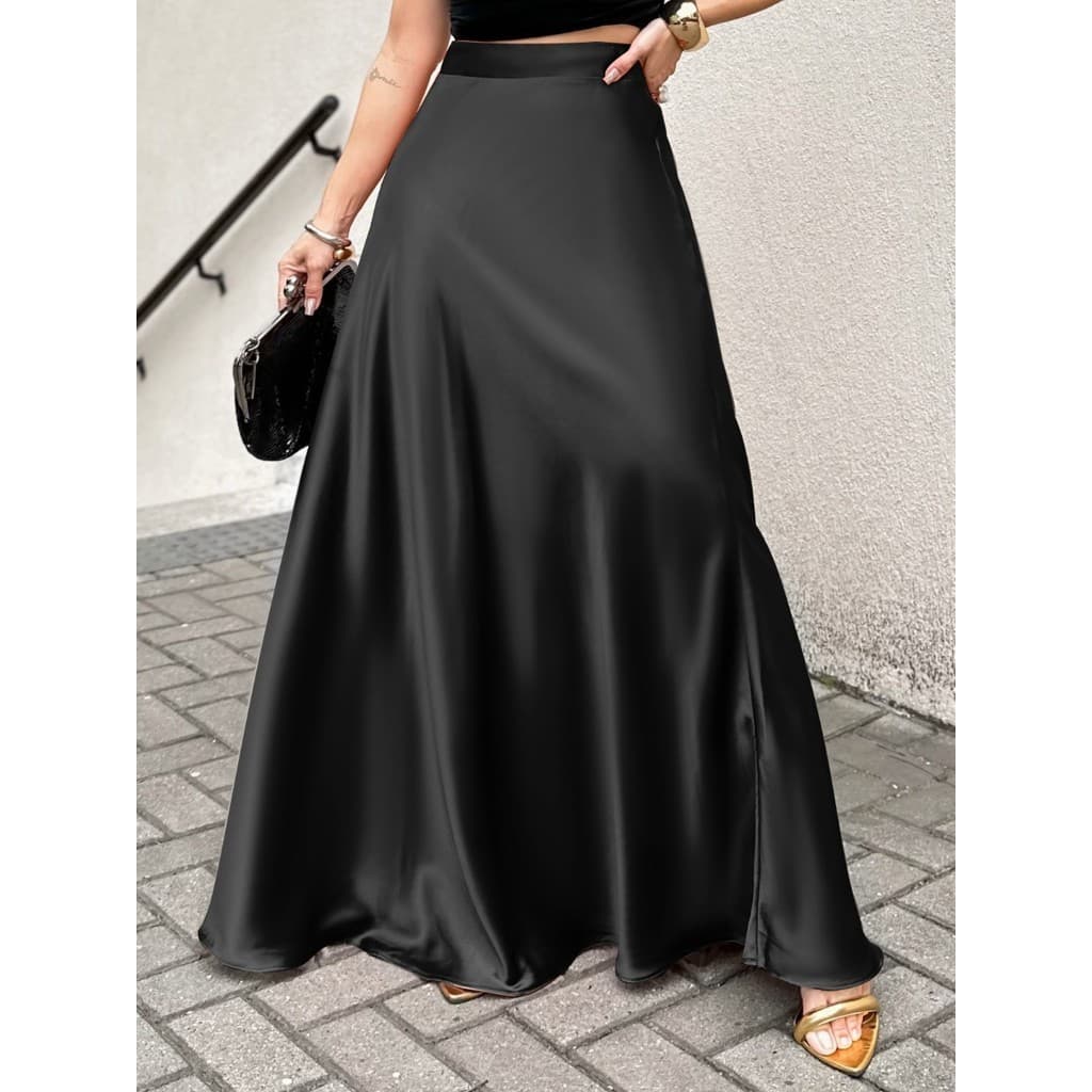 LuluRunModa Saia Cetim Longa Feminina De Cintura Alta  - 9380
