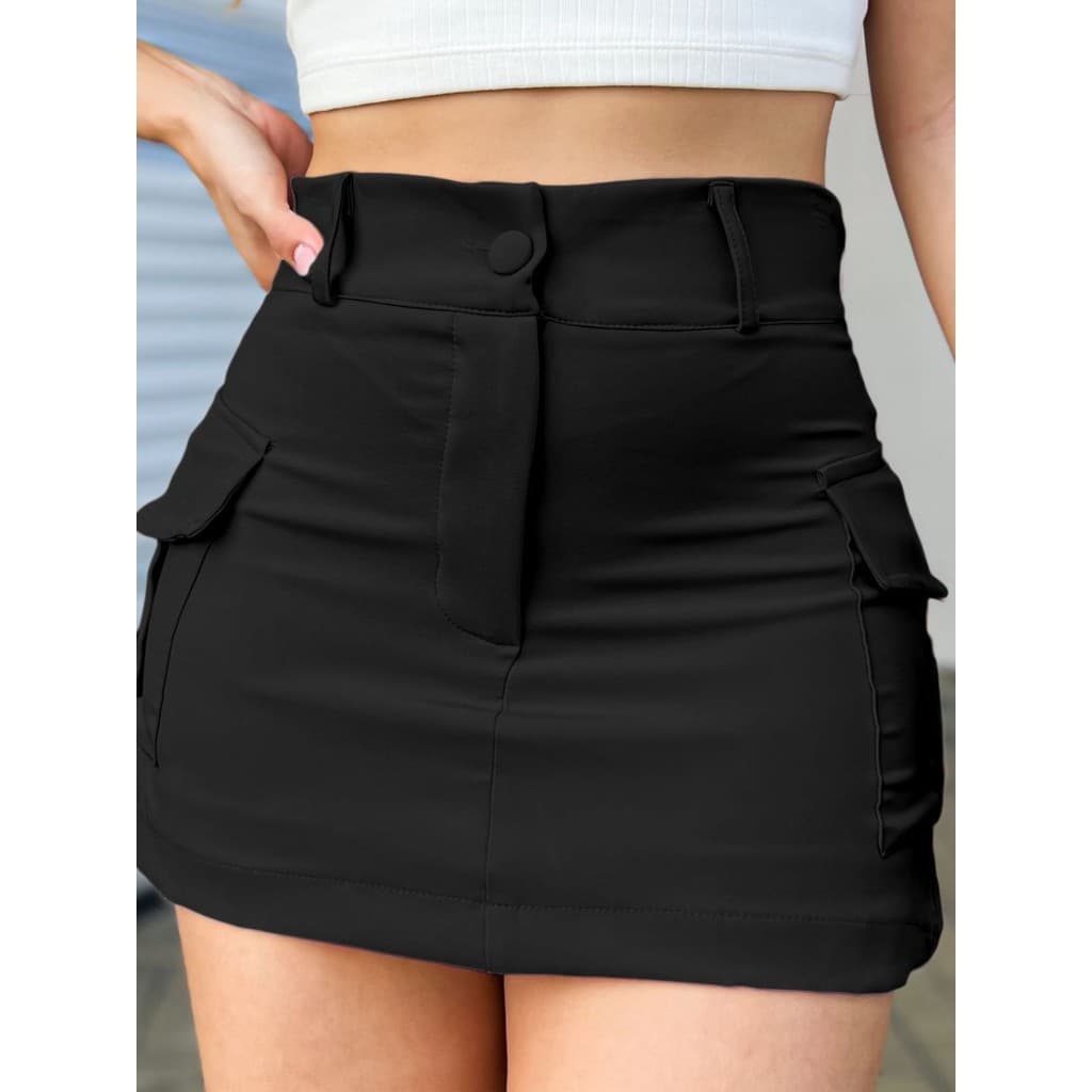 LuluRunModa Short Saia Alfaiataria Bolsos Cargo Feminino Liso e Botões - S546
