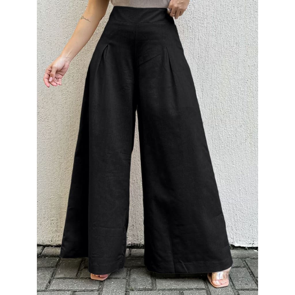 LuluRunModa Calça Pantalona Linho Feminina com Zíper nas Laterais Possui Forro Curto - 93143