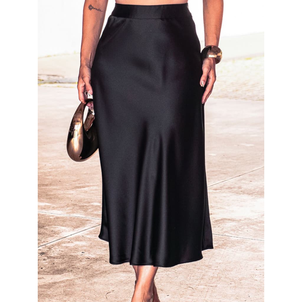 LuluRunModa Saia Midi Feminina De Cetim Evasê Fluida - 9381