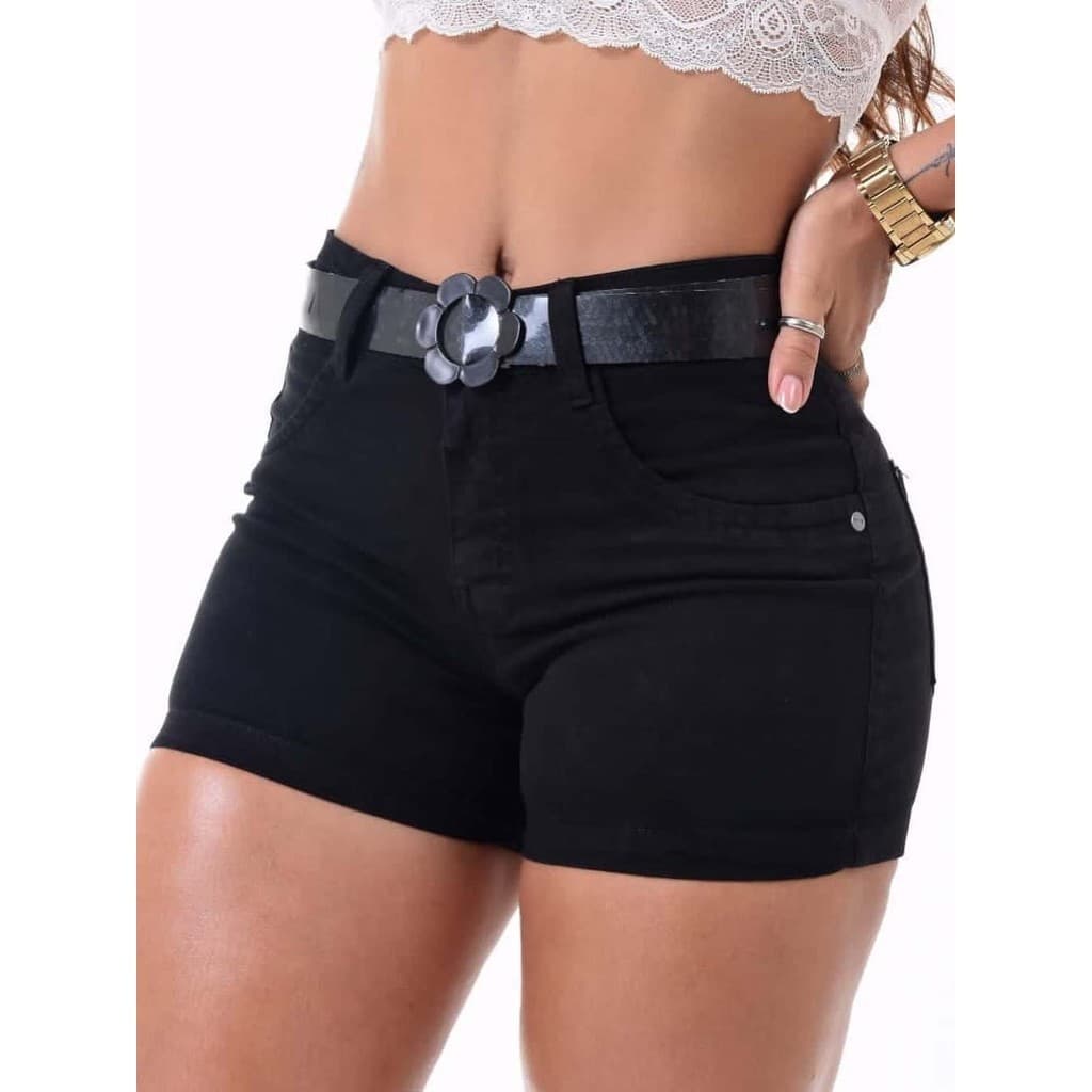 Shorts Jeans Feminino Preto Com Cinto Bermuda Feminina Com Lycra