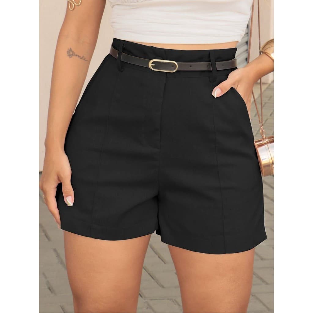 LuluRunModa  Short Viscolinho Feminino Linho Com Cinto Fino Couro Redondo Dourado - S848