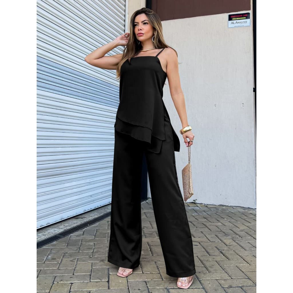 LuluRunModa Conjunto Blusa Tunica em Bata e Calça Pantalona Feminino Elegance - S783