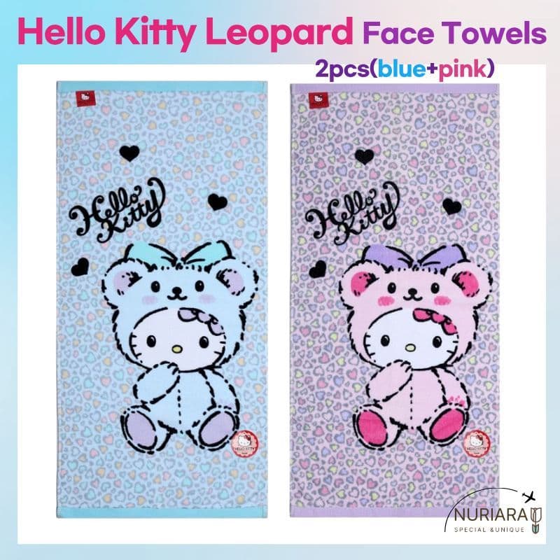 Toalhas De Rosto De Algodão Premium Hello kitty Leopard (2 Peças-biue + Rosa) Toalha De Personagem Fofo Gatinho Infantil