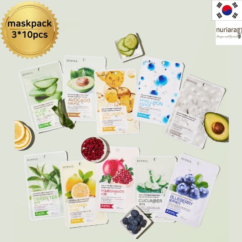 Pacote De Máscara De Essência Natural EUNYUL 30 Unidades (10 Tipos 3 Folhas) | Folha Coreana