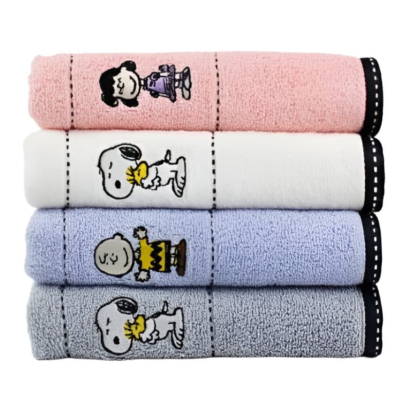Toalha Songwol Snoopy Friends De Rosto 140g 30s Fio De Algodão , Marfim + Cinza Claro + Rosa . , 4 Peças