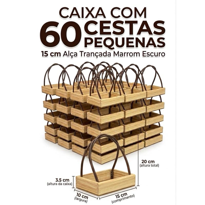 Kit com 60 cestas 15 cm Alça trançada marrom escuro