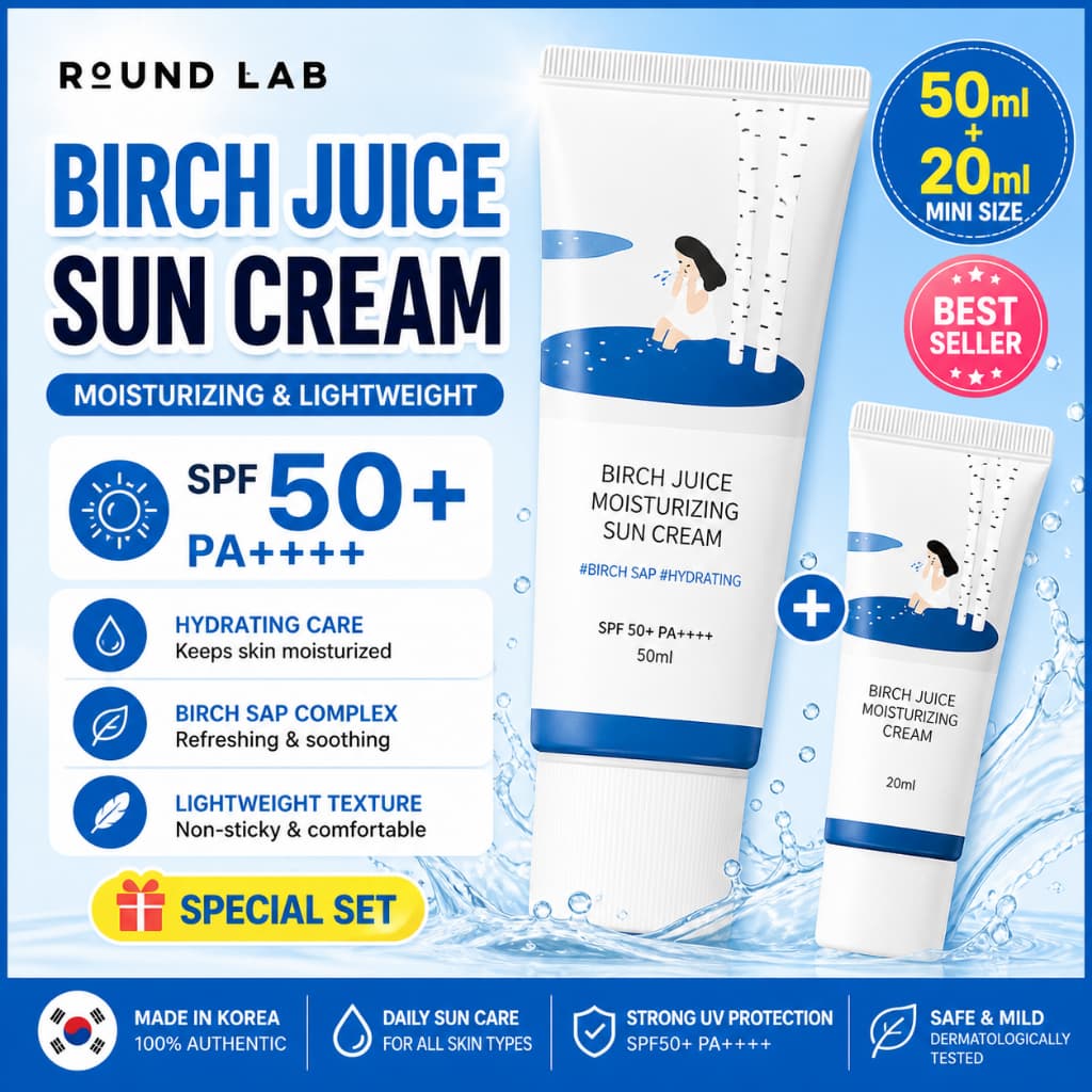 [OY05] ROUND LAB Creme Solar Hidratante Suco De Birch 50ml + Mini Conjunto | Fps50 + PA + Protetor Leve Cuidados Com A P