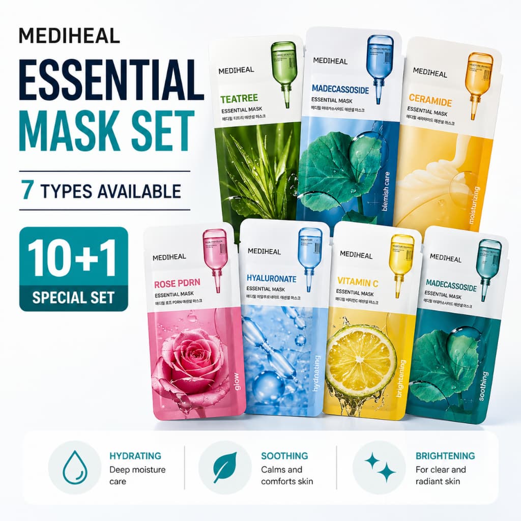[OY05] Conjunto De Máscara De Folha Essencial Mediheal 10 Unidades/10 + 1 | Hidratante Calmante Iluminadora Cuidados Com