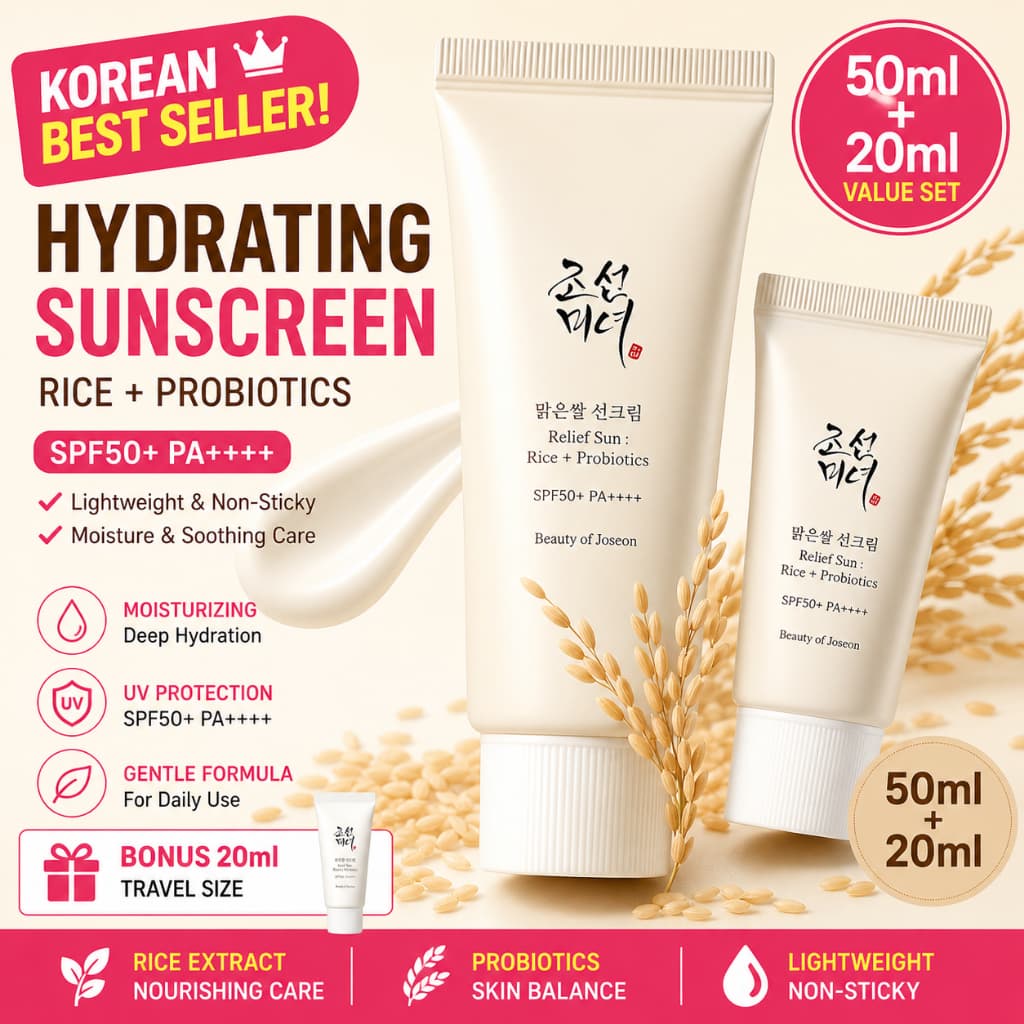 [OY05] BEAUTY OF JOSEON Relief Sun Rice + Probióticos Fps50 + PA + Conjunto 50ml + 20ml | Protetor Solar Hidratante Cuid