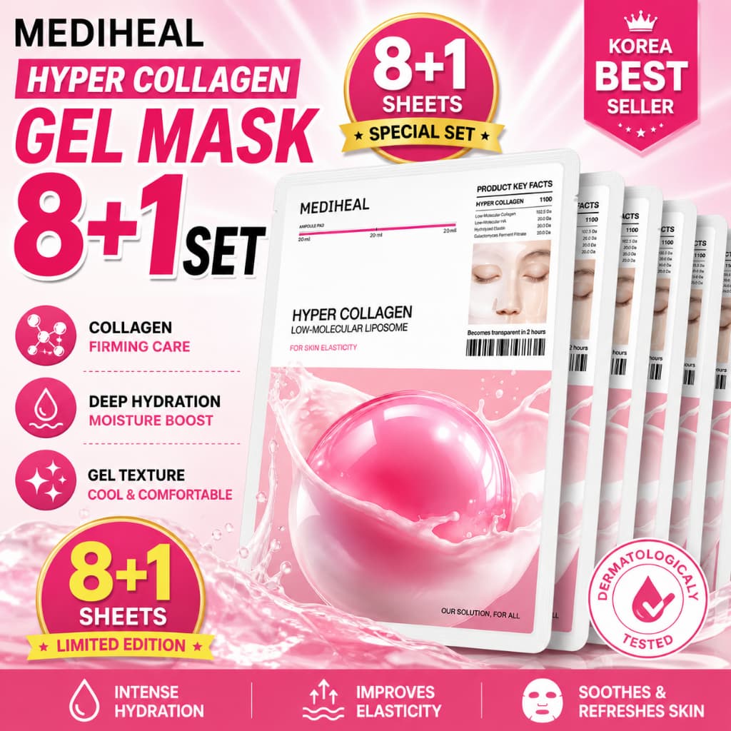 [OY05] Máscara De Gel De Hiper Colágeno MEDIHEAL 8 + 1 Conjunto | Em Folha Reafirmante E Hidratante Cuidados Com A Pele