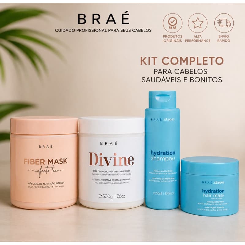 Kit Braé Original Fiber Mask + Divine + Hydration Shampoo e Máscara | Hidratação Profunda e Reconstrução Capilar
