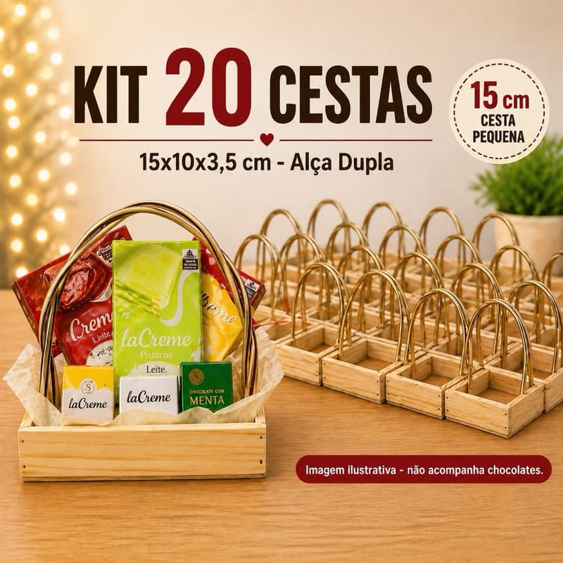 Kit 20 Cestas Madeira 15cm Alça Dupla Pinus Lembrancinha Presente