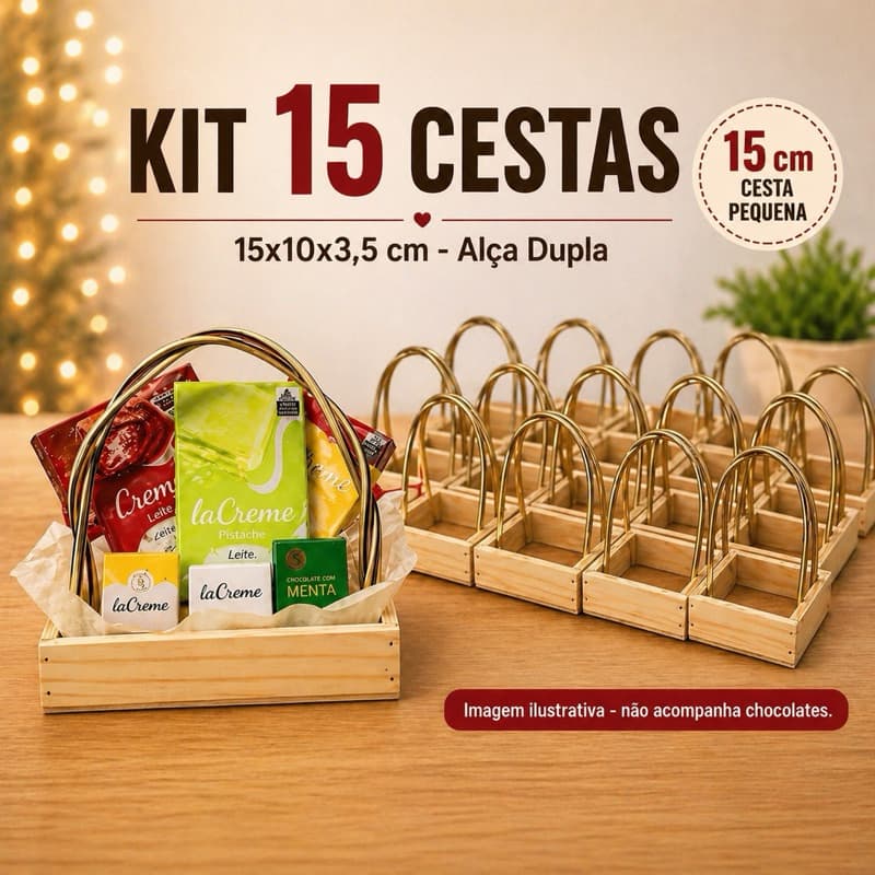 Kit 15 Cestas Madeira 15cm Alça Dupla Pinus Lembrancinha Presente