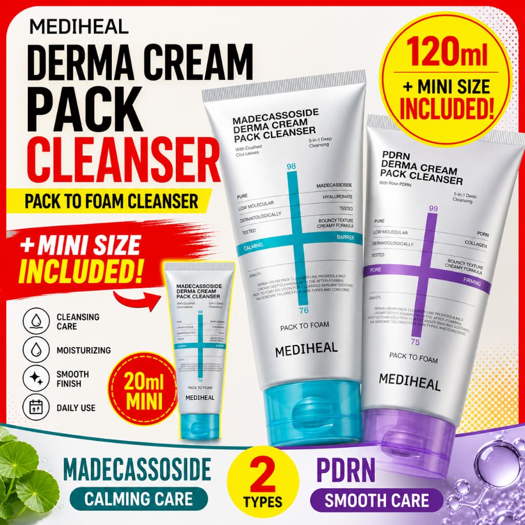 [OY05] MEDIHEAL Derma Cream Pack Limpador 120ml (+ Mini Conjunto) | Madecassoside/PDRN Espuma De Limpeza Diária Cuidados