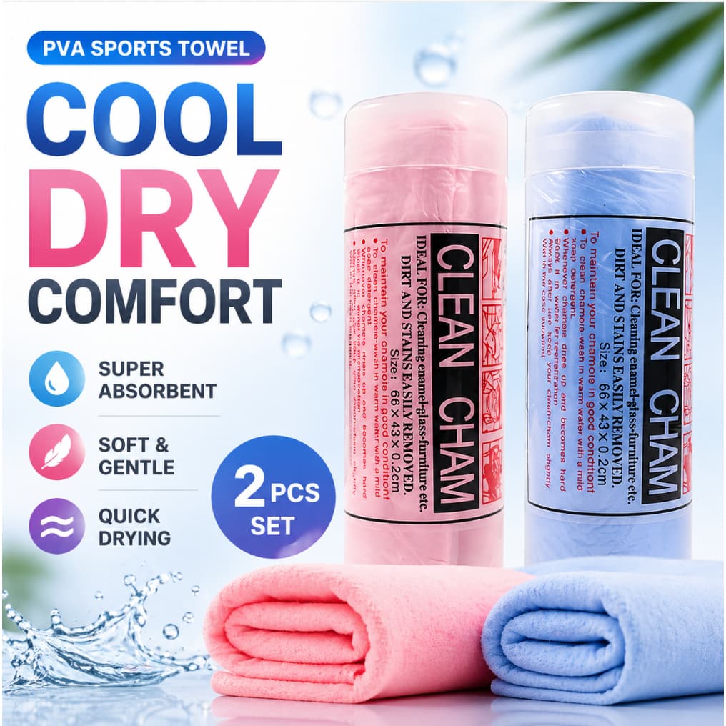 Y Plus One PVA Cooling Sports Toalha 2pcs Set Grande 66x43cm Secagem Rápida Swim Gym Fitness Azul Rosa