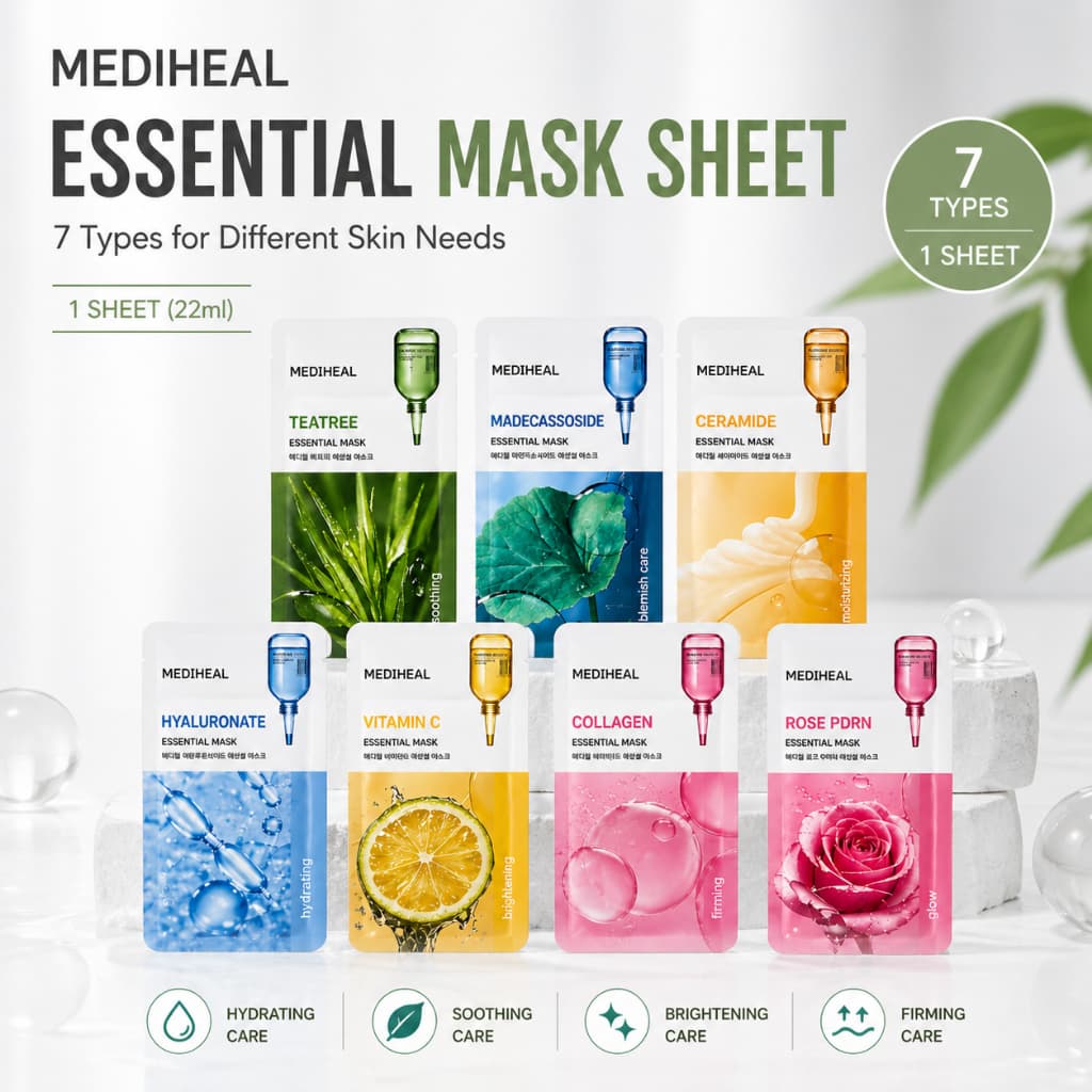 [OY05] Folha De Máscara Essencial MEDIHEAL 1 Unidade | 7 Tipos (Tea Tree/Madecassoside/Ceramida/Hialuronato/Vitamina C/C
