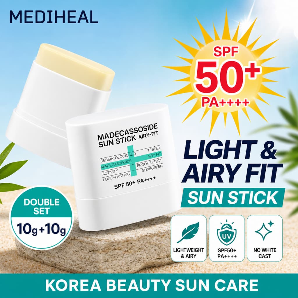 [OY05] MEDIHEAL Madecassoside Airy Fit Sun Stick 10g + 10g Conjunto | Fps50 + PA + Bastão Protetor Solar Leve Coreia Aze