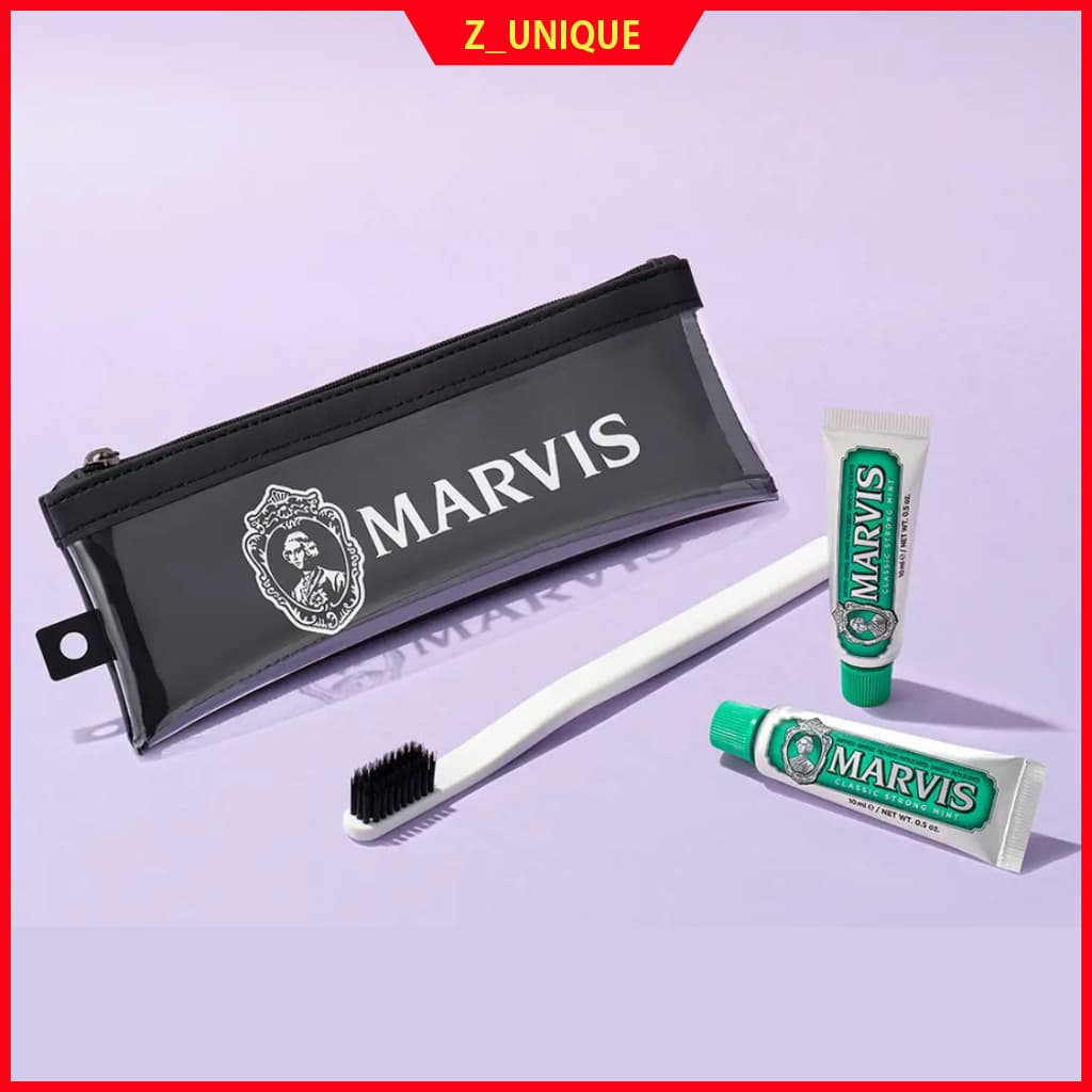 [MARVIS] Kit Dental Portátil Premium-Pasta De Dentes Clássica Forte Menta (10ml x 2) + Escova Ecológica (Opção Preta/Branca)
