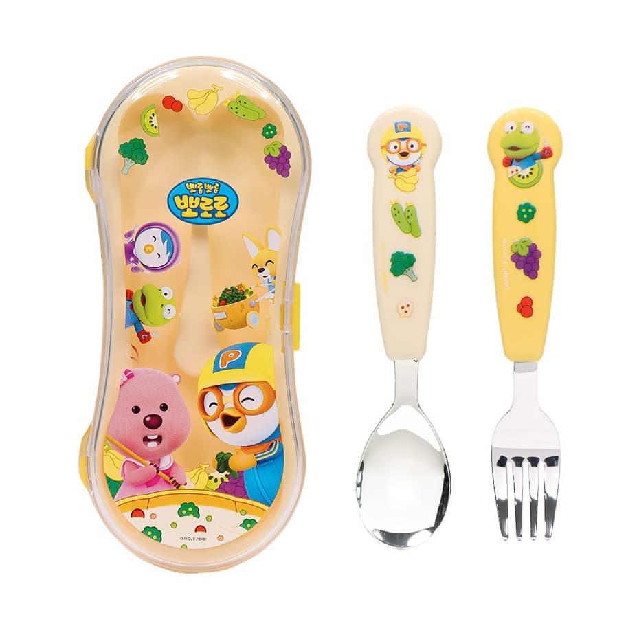 Conjunto De Colher E Garfo Infantil Lilfant Pororo 3D Com Estojo De Viagem-Utensílios Easy Grip (PR5980)