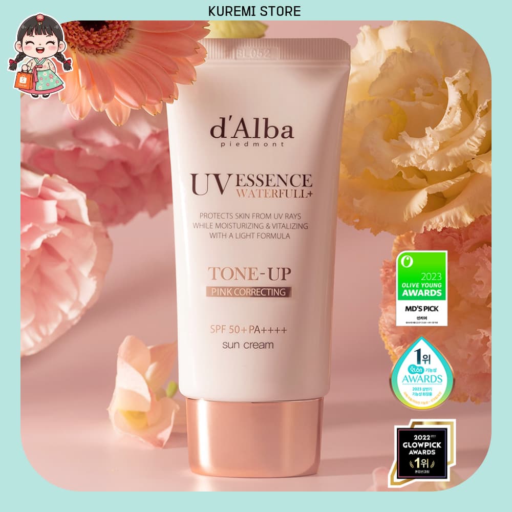 ✨ d'Alba Waterfull Creme Solar Tonificante (Rosa) 50ml | Fps50 + PA + Proteção K-Beauty Glow E UV