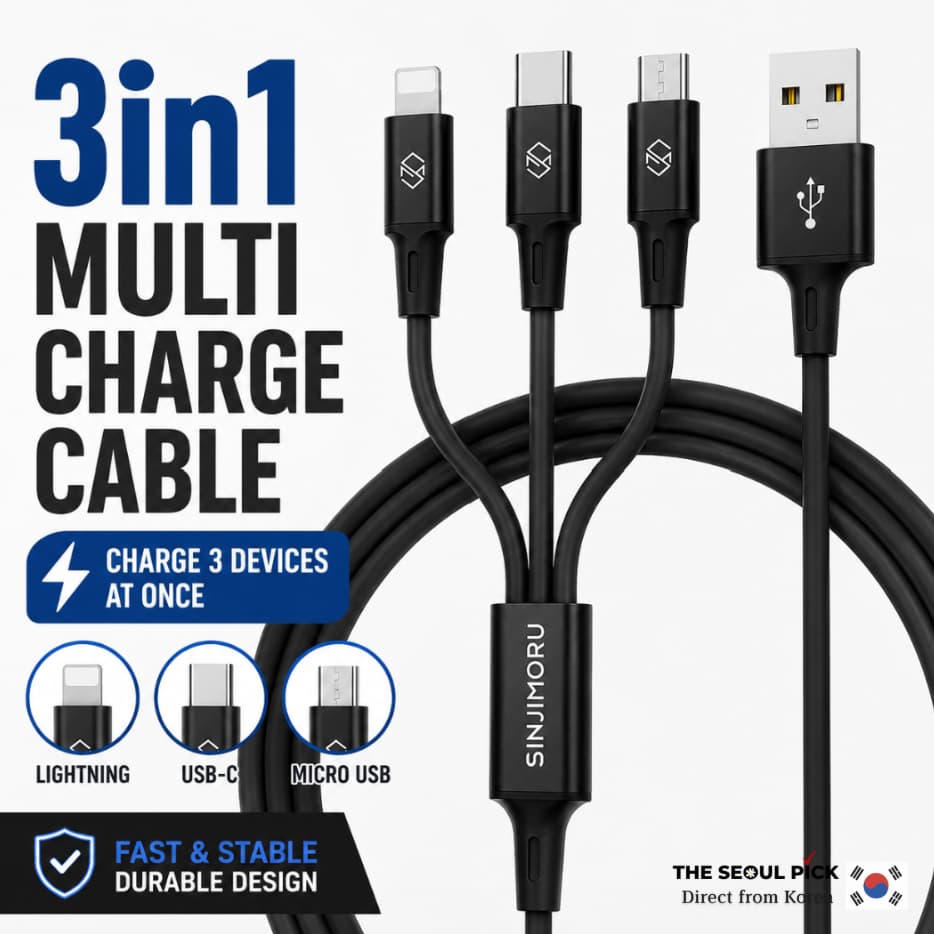Sinjimoru Triple 3 Em 1 Multi Cabo De Carregamento Preto USB Rápido De 1.7 M