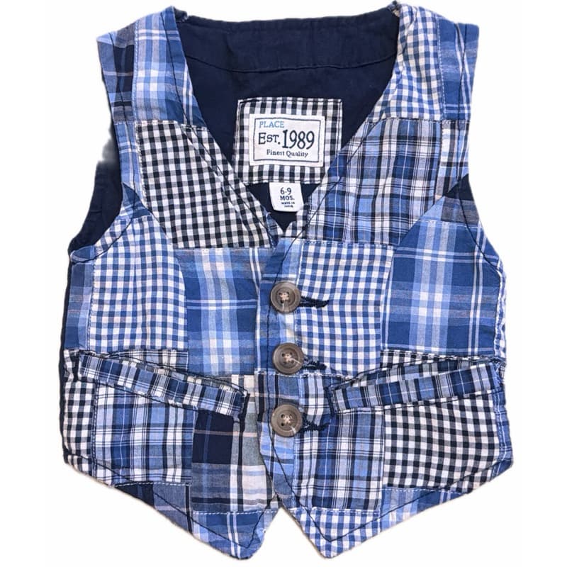 Colete infantil social estilo patchwork/xadrez azul, tamanho 6-9 meses, marca Place Est.1989.