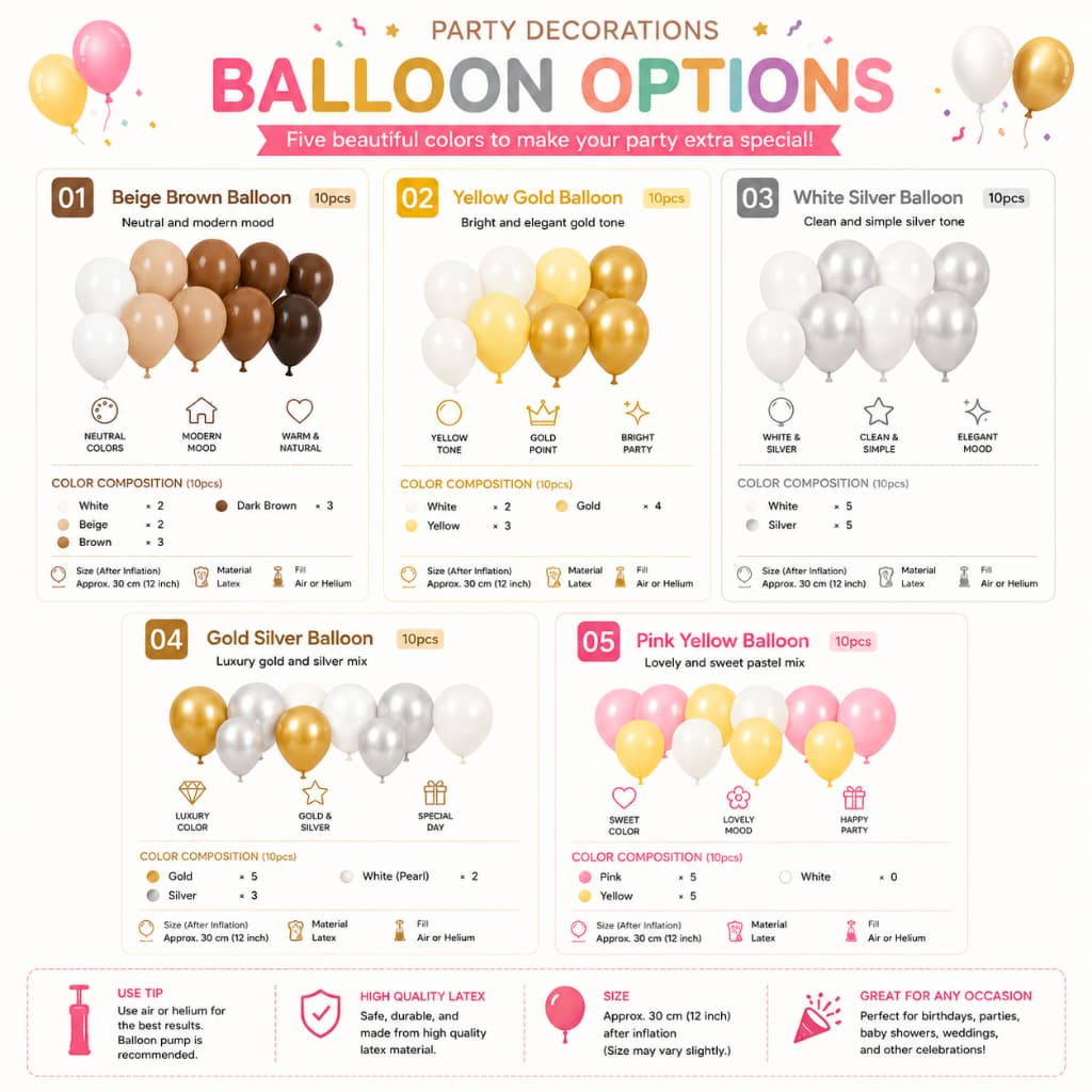 [DA0514] Conjunto De Balões Para Decoração De Festa 5 Tipos | Marrom Bege/Ouro Amarelo/Prata Branca/Rosa De Látex De 30