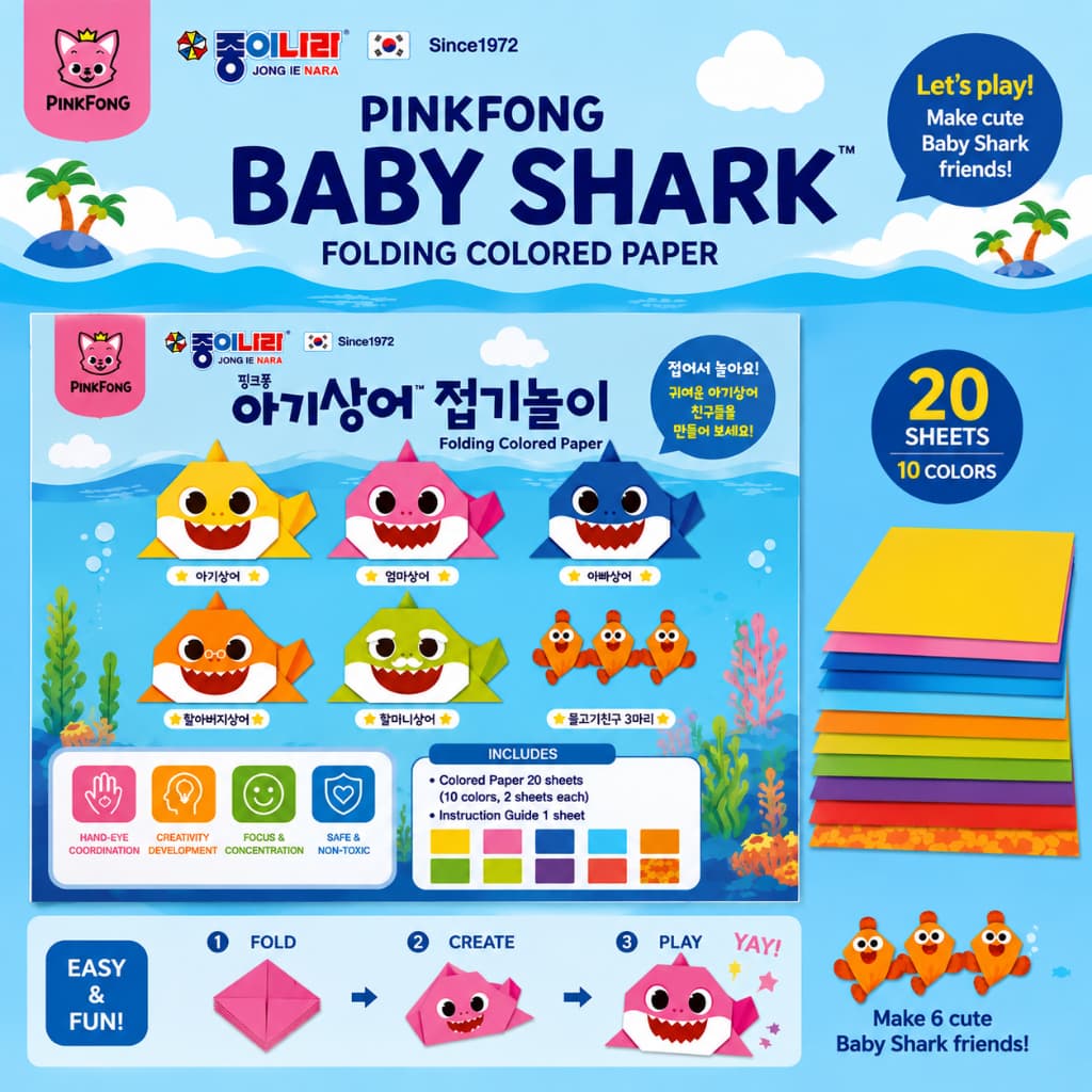 Conjunto De Papel origami pinkfong baby shark | Colorido Dobrável Infantil 24 Folhas Brinquedo Artesanal Educacional Cor