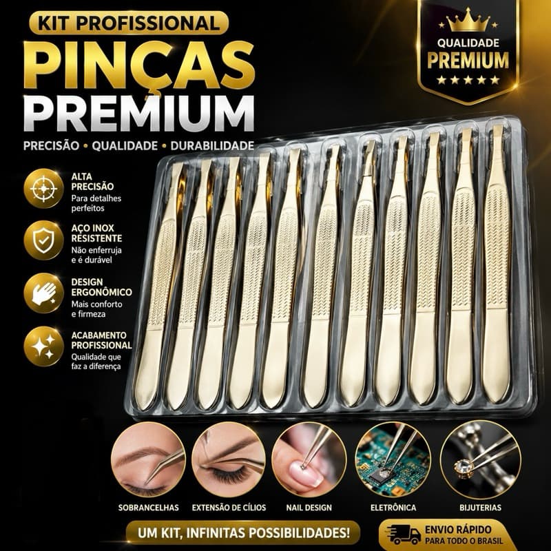 kit 6 Pinça para Sobrancelha Aço Inox Dourada