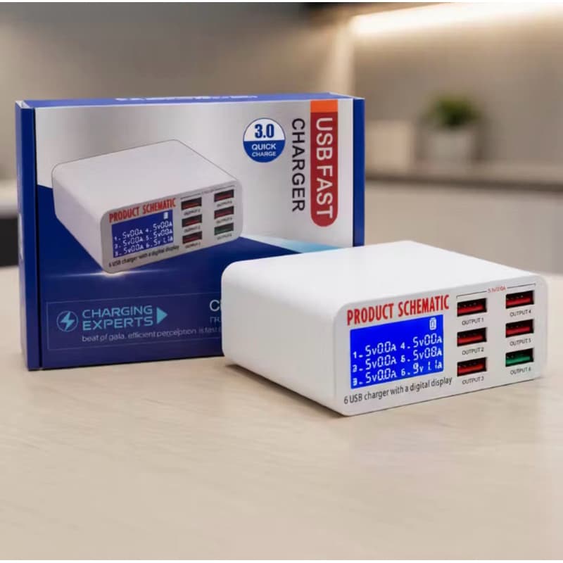 Carregador USB 6 Portas 40W com Display LED | 6 USB + 1 Turbo 3.0 Fast Charge Bivolt para Celular, iPhone e Tablet