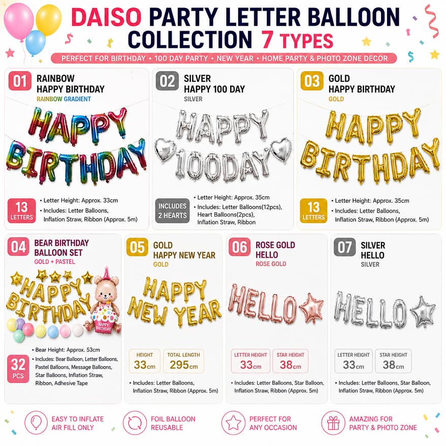 [DA0530] Coleção De Balões De Cartas De Festa Daiso 7 Tipos | Feliz Aniversário 100 Dias Olá Conjunto De Banner De Balão