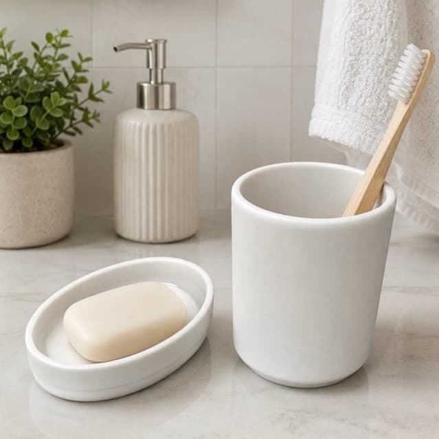 Kit Banheiro Lavabo Minimalista Porta Escova e Saboneteira Decorativa 3D
