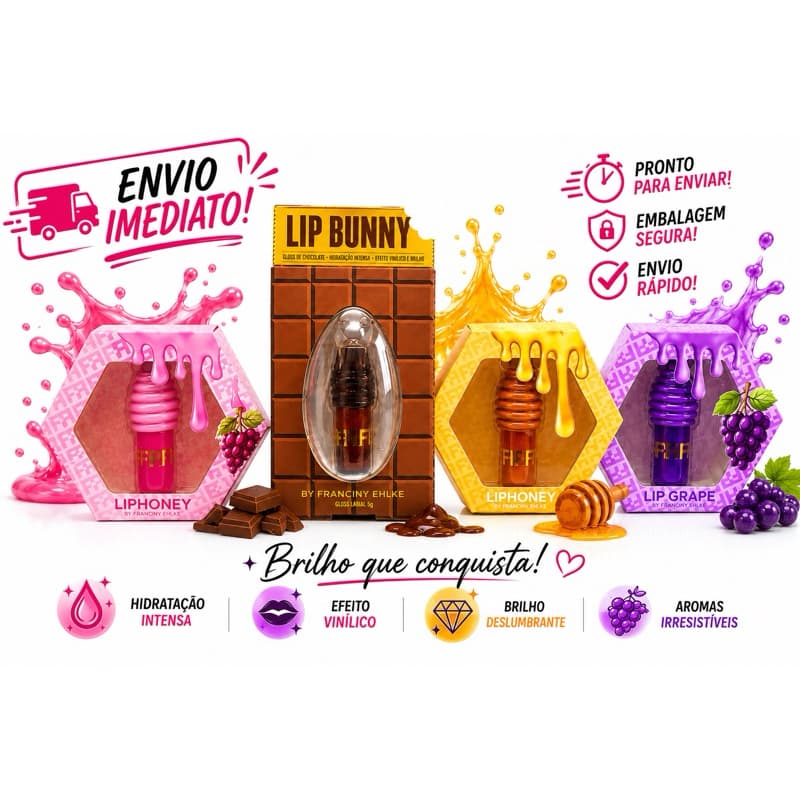 Gloss labial FE Lip Mel Chocolate Uva Morango Honey