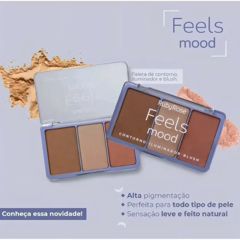 Paleta Trio Contorno Iluminador Blush Ruby Rose 13,2g com Pigmentação Intensa