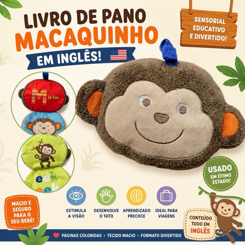 Livro De Pano Sensorial Macaquinho Em Inglês Bebê Educativo Soft Book Baby Starters