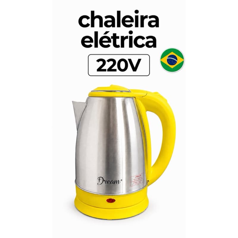 Chaleira Elétrica Inox 2 Litros 220V  Amarela Ferve Água Rápido Desligamento Automático