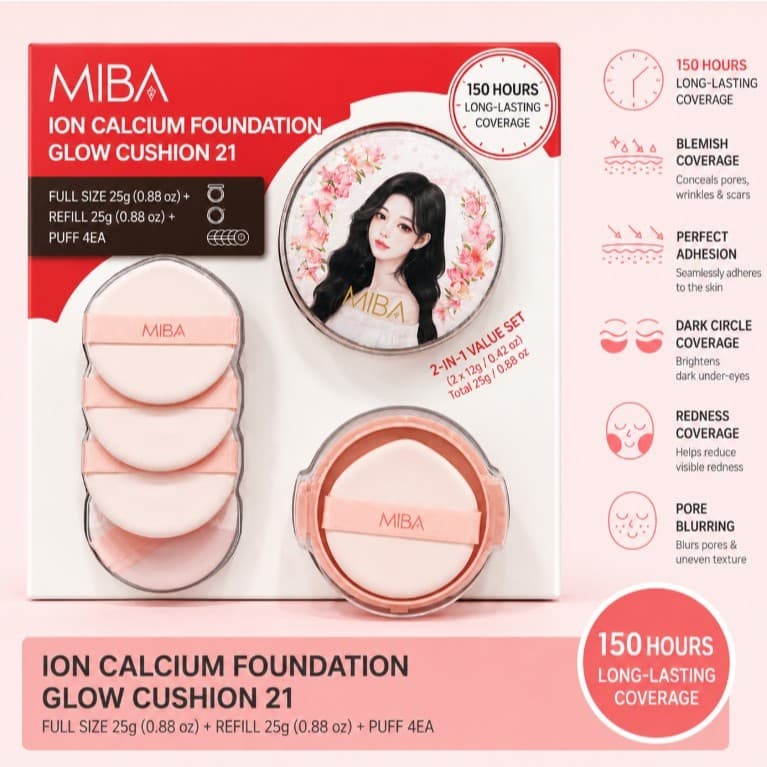 MIBA Íon Cálcio Duplo RX Almofada Fundação No . 21 Pele Brilhante 25g + Recarga 25g x2 + 4 Puffs Coreano Conjunto De Maq