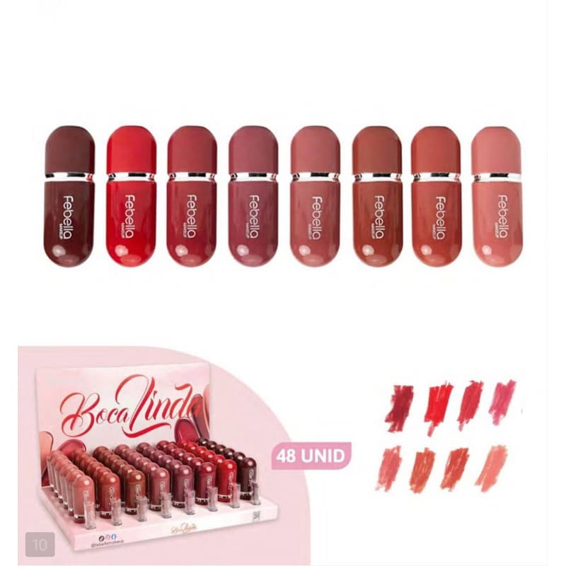 Box C/48 Pçs Batom Matte Boca Linda Acabamento Matte de Longa Duração e Alta Pigmentação Febella BM40213