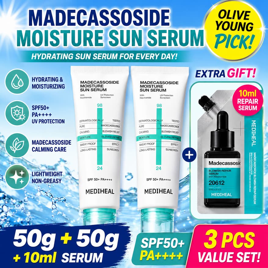 [OY06] Conjunto De Soro Solar Hidratante MEDIHEAL Madecassoside 50g + Reparador 10ml | Fps50 + PA + Protetor Cuidados Co
